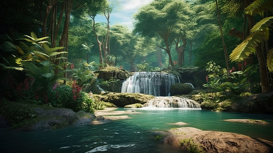 山中景色背景图片_瀑布在森林深处景观的壮丽景色中的 3D 渲染