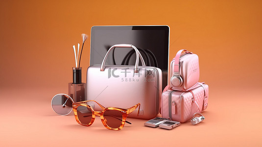 电脑icon背景图片_技术和时尚必需品笔记本电脑智能手机购物袋眼镜麦克风收音机耳机的 3D 渲染
