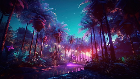 日落时的霓虹棕榈森林，幻想景观的不切实际且美丽的 3D 插图