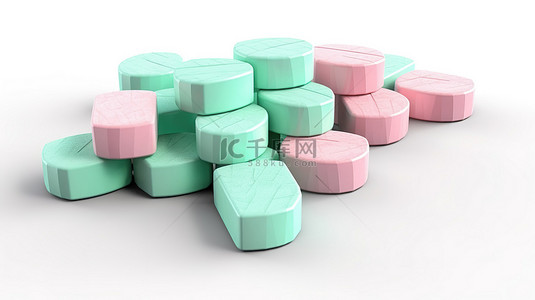 孤立的白色背景的 3D 插图，带有成堆的清爽薄荷口香糖和泡泡糖垫