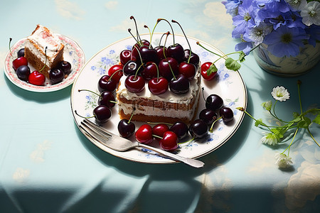 蓝莓樱桃背景图片_桌上有樱桃和蓝莓的四黄油蛋糕