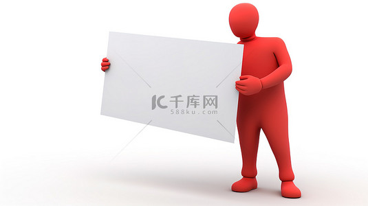 人物介绍的海报背景图片_白色背景，3D 渲染一个人拿着没有文字的红色标语牌横幅