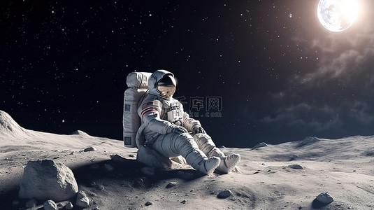 太空登月背景图片_3D 渲染模拟中的登月宇航员