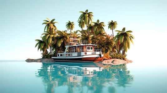 海洋绿洲背景图片_舒缓的热带绿洲，以棕榈树为特色，在海洋中船，非常适合放松和恢复活力 3D 插图