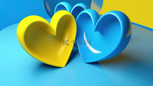 蓝色恋爱背景图片_带有充满活力的黄色和蓝色背景的心形 3D 渲染