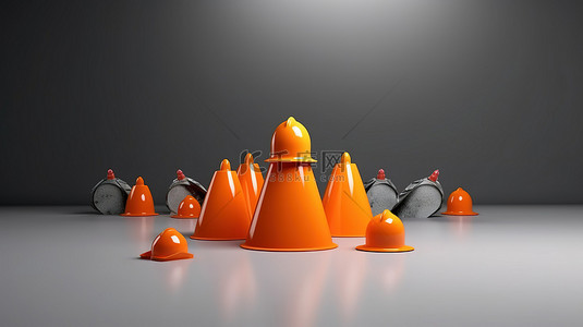 灰色背景与 3D 渲染建筑围栏橙色头盔和交通锥