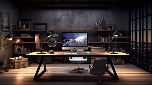 科技设备背景图片_现代办公空间配有时尚的深色办公桌高科技设备和计算机 3D 渲染