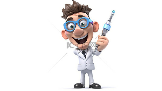 一位医生用可弯曲的手拿着注射器剪贴画的滑稽漫画，在 3D 渲染的白色背景上隔离