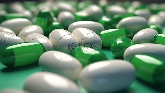 医疗绿色背景图片_3D 插图白色和绿色胶囊药物的渲染
