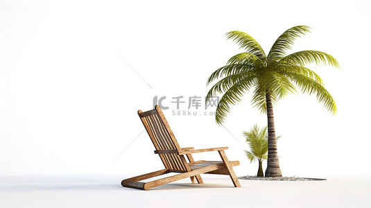 白色孤立背景上棕榈树和躺椅的热带放松 3D 插图