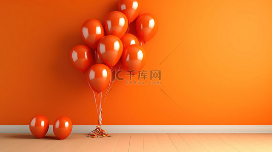 橙色墙壁场景的 3D 渲染，带有带笑脸的红色生日气球
