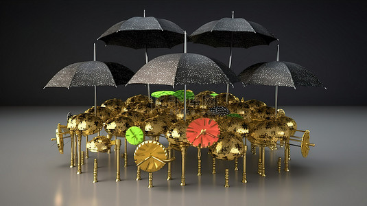 丰富的财富新币像雨一样在雨伞下层叠，孤立的 3D 渲染