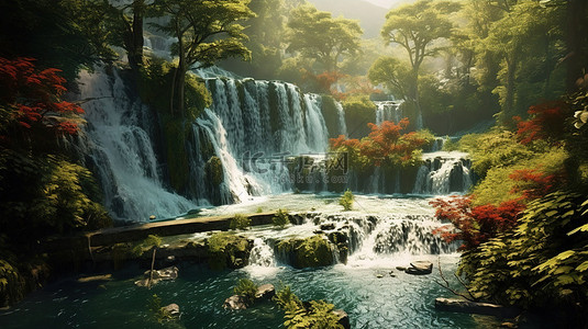 森林中雄伟的瀑布的 3D 插图，水从山腰流下