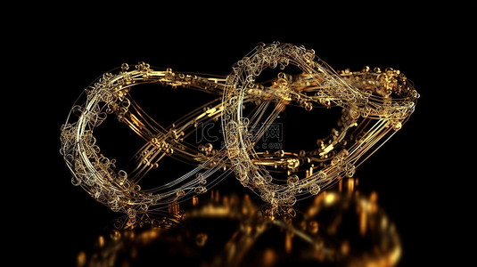 深色背景 3d 渲染上液体玻璃中的金线原子美元符号