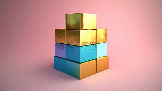 简约 3D 渲染方形抽象蓝色金色粉色和绿色