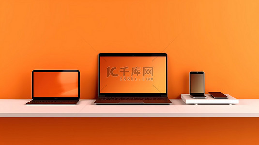 科技感ppt横板背景图片_充满活力的橙色墙架上展示着当代科技三重奏笔记本电脑手机和平板电脑