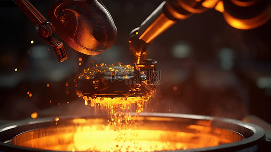 创新工业 3D 渲染迷你机器人将熔融金属倒入模具中
