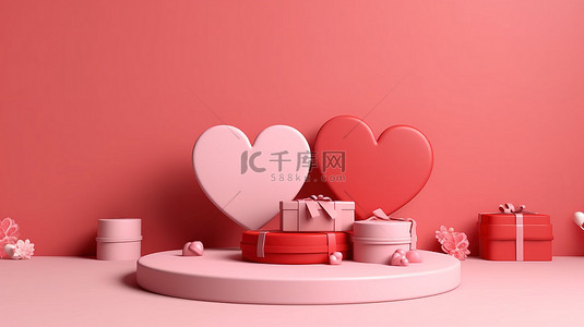 情人节产品展示台和粉红色背景的 3D 心形和礼品盒物品