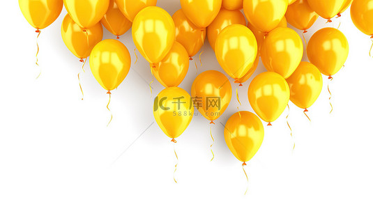 阳光明媚的黄色气球悬停在白色背景空白模板上，用于 3d 创建的假日设计