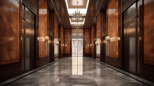 电梯卡条背景图片_设计优雅的酒店电梯厅配有棕色大理石金属装饰的宏伟柱子和嵌入式天花板灯 3D 渲染