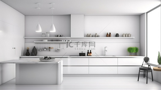 开放式厨房背景背景图片_现代白色厨房内部设有开放式台面 3D 渲染