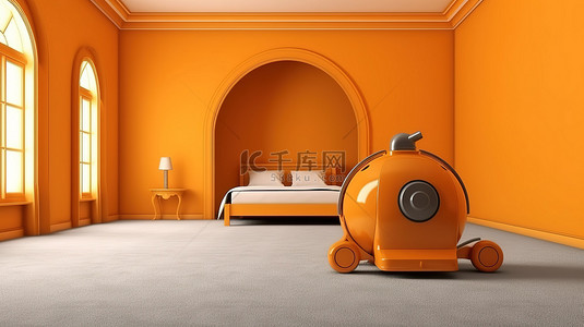 橙色室内房间中单个金色单色真空吸尘器的 3D 图标