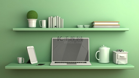 绿色墙架在水平背景上显示笔记本电脑手机和数字平板电脑 3D 插图