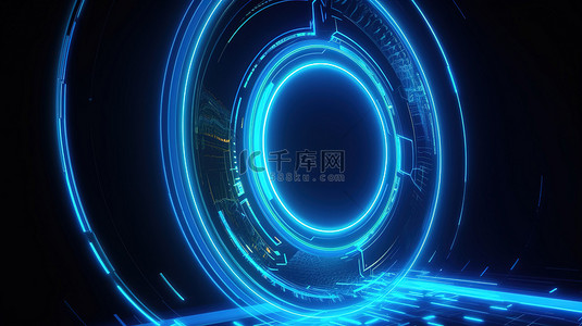 科幻朋克背景图片_在 3D 渲染中带有蓝色圆圈霓虹灯的说明性科幻抽象光背景