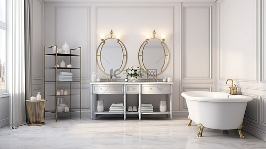 当代新古典主义浴室家具以现代风格 3D 渲染提升奢华感
