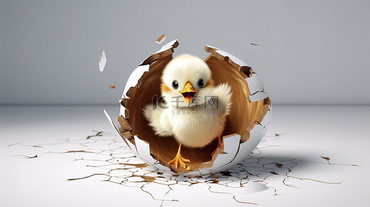 大母鸡小母鸡背景图片_3d 渲染小鸡从破裂的蛋壳中偷看