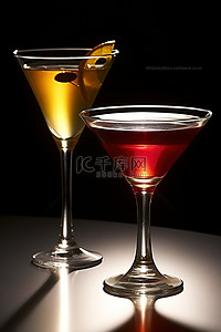 酒的背景图片_两杯马提尼酒，旁边有苏打水和烈酒