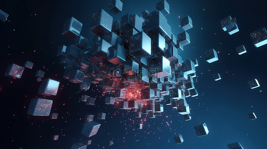 迷人的 3D 描绘无序粒子在虚空动态形式中飞翔的立方体未来派风景非常适合海报设计