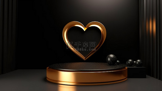 黑色心形背景背景图片_讲台上豪华的黑色和金色心形 3D 呈现的产品展示在高端背景下