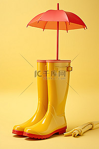 黄色表面上的黄色雨鞋和雨伞