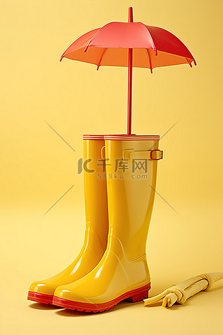 雨季背景图片_黄色表面上的黄色雨鞋和雨伞