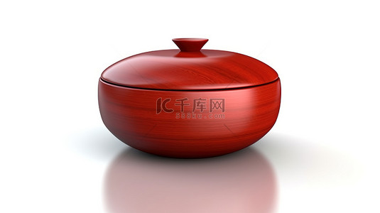 白色背景展示了带食物盖的红色木制亚洲碗的 3D 渲染