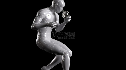 足球运动员用水瓶补水并用一只脚平衡球的 3D 渲染
