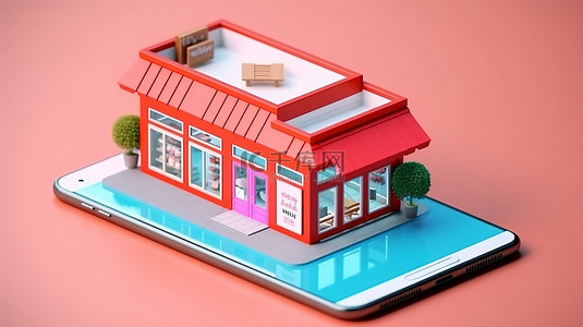 企业贷款背景图片_3D 渲染智能手机插图，用于银行服务隔离企业商店和数字平台应用程序