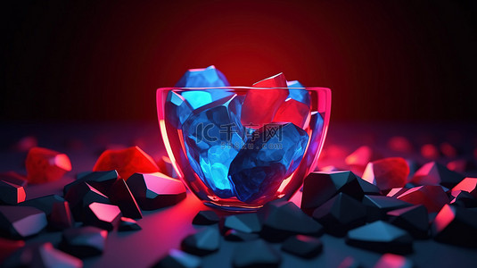 充满活力的几何形状与岩石和锅发出辐射红色和蓝色色调 3D 渲染