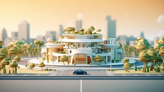 3D 渲染中风景优美的城市房屋建筑