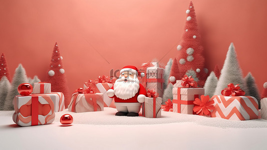 礼物卡通红色背景图片_圣诞老人圣诞横幅的 3D 插图，上面有树和礼物
