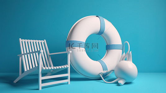 蓝色休息背景图片_宁静的蓝色背景上蓝色和白色躺椅救生圈和沙滩球的 3D 渲染