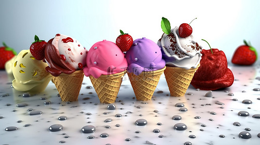 卡通冰淇淋店背景图片_浆果冰淇淋套装的美味 3D 图像