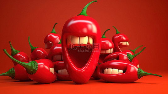 红辣椒卡通背景图片_充满活力的红色背景上卡通红辣椒的 3D 渲染