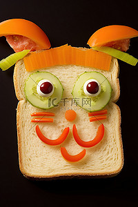 橙水果背景图片_三明治形状为一张脸，上面有胡萝卜橙子萝卜和桃子
