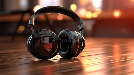 对音乐的热情 3D 渲染黑色无线耳机和木桌上的红心