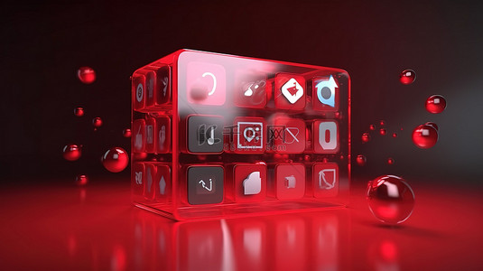 界面媒体社交媒体播放图标的 3D 渲染符号的红色前视图