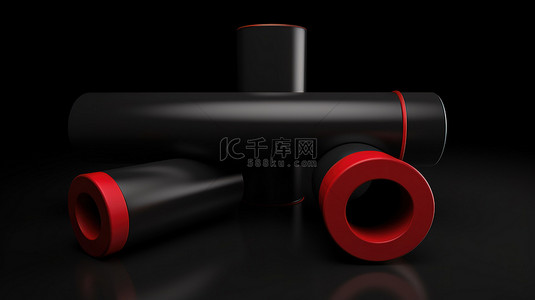 抽象黑色背景的 3D 渲染，带有工业管道和带有红色感叹号的黑色圆形图标
