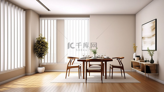豪华晚餐背景图片_现代室内时尚的用餐区，配有白墙木地板镜子和散热器 3D 渲染