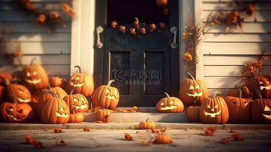 鬼怪十月有趣的 3D 渲染杰克灯笼骨头和屋门外的万圣节欢呼